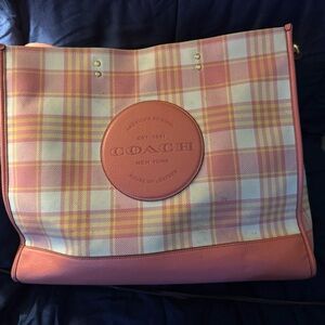 Coach Pink and Yellow Plaid Tote with Leather Trim